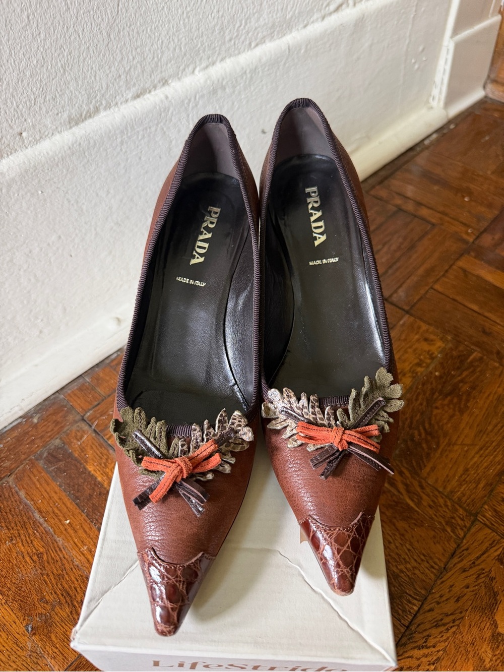 Prada Brown Leather Pointed-Toe Pumps with Oak Olive and Orange Embellishments